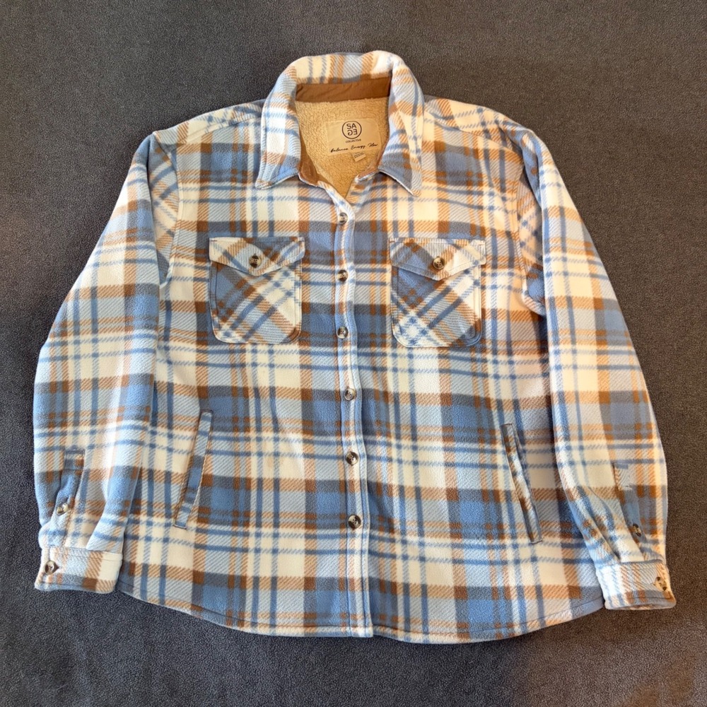 Sage Collective Fleece Shacket Women M Blue Plaid Sherpa Lined Excellent Jacket